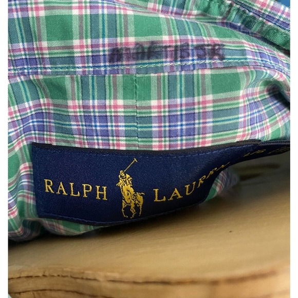 Ralph Lauren Mens Long Sleeve Button Front‎ Shirt Green Plaid Large Cotton Flaw - Picture 5 of 8